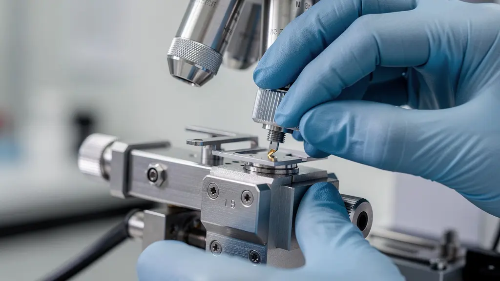 Gros plan macro sur les mains d'un scientifique ajustant un microscope à force atomique