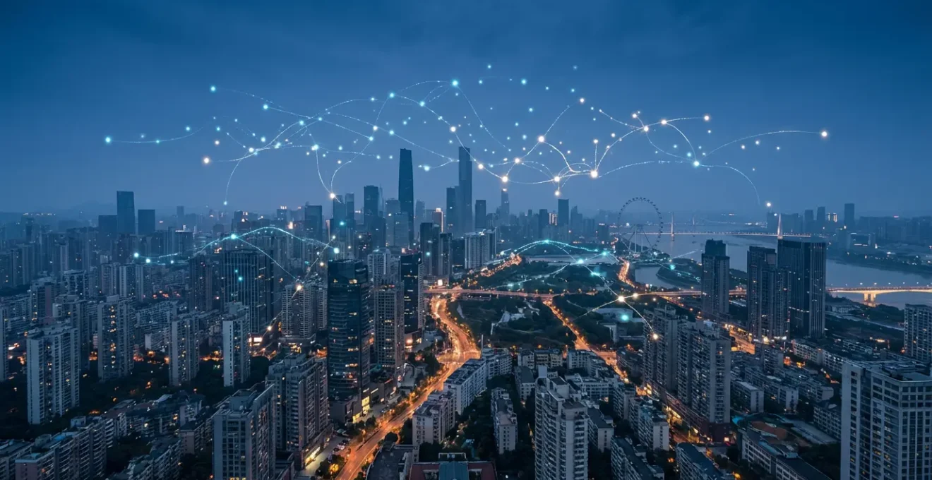 Vue aérienne d'une métropole moderne avec réseau lumineux de capteurs interconnectés visible dans l'atmosphère urbaine