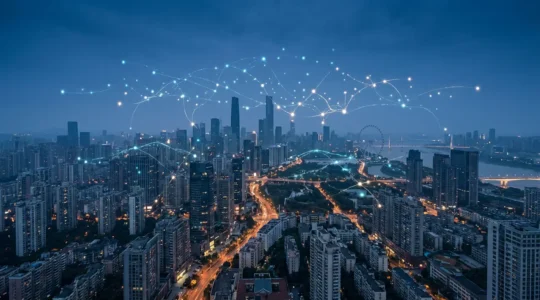 Vue aérienne d'une métropole moderne avec réseau lumineux de capteurs interconnectés visible dans l'atmosphère urbaine