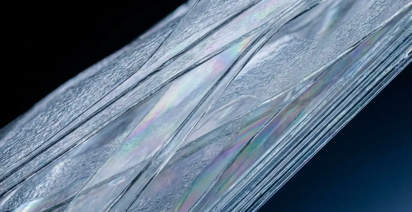 Vue microscopique de couches nanométriques de matériaux barrière transparents empilés sur un substrat plastique