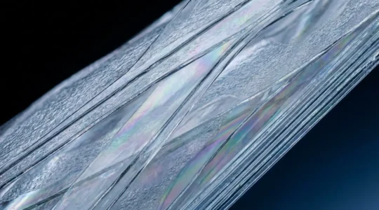 Vue microscopique de couches nanométriques de matériaux barrière transparents empilés sur un substrat plastique