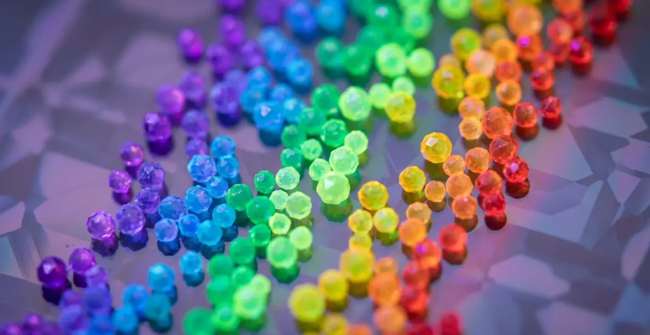 Vision microscopique de nanocristaux de différentes tailles émettant une lumière multicolore sur un panneau solaire semi-transparent