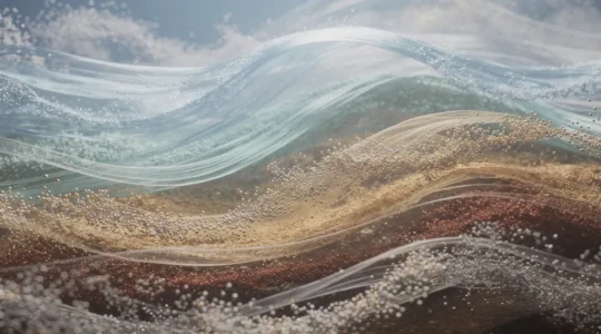 Vue microscopique de nanoparticules dispersées dans l'environnement avec représentation abstraite du cycle de transformation