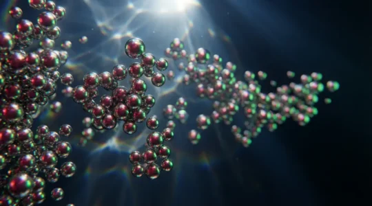 Représentation artistique de nanoparticules métalliques dorées et argentées avec leurs effets plasmoniques colorés