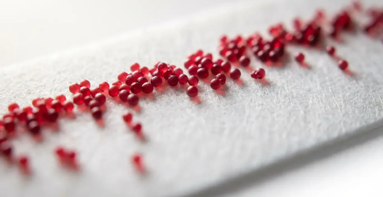 Vue microscopique de nanoparticules d'or rouges sur membrane de test diagnostic avec lignes de contrôle visibles