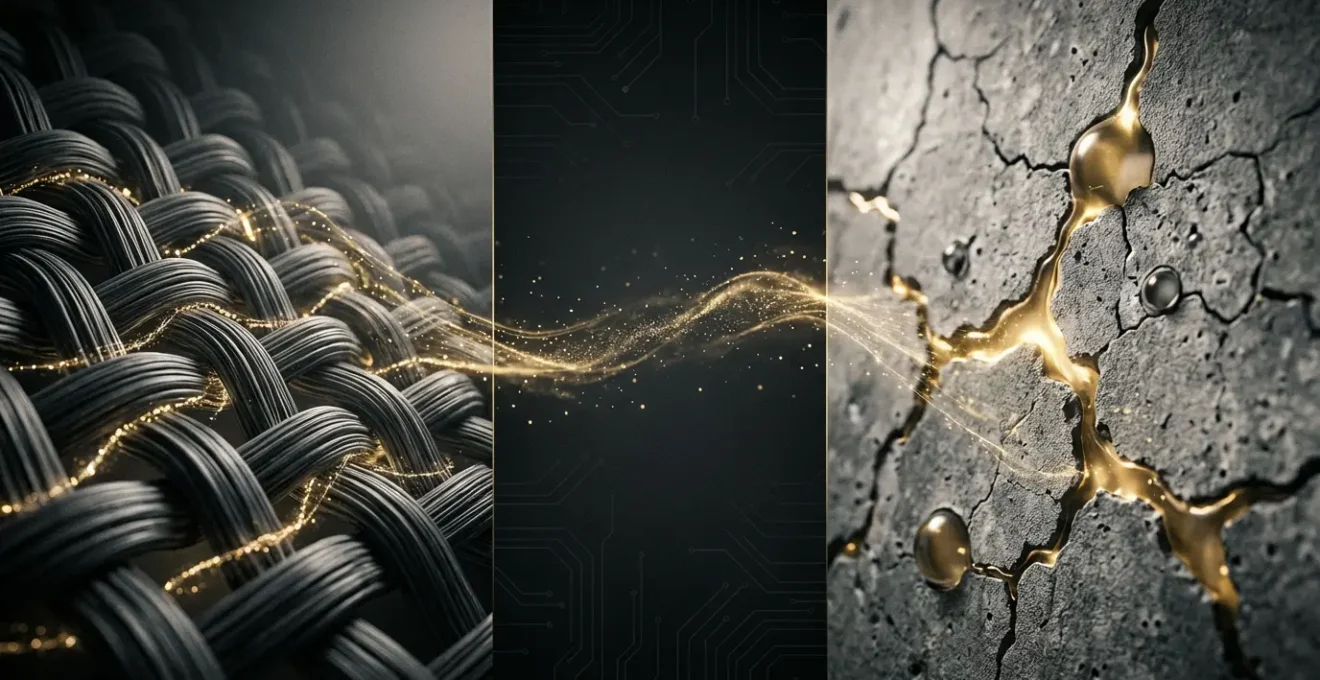 Vue microscopique de nanofibres tissées avec des structures en béton auto-réparant en arrière-plan