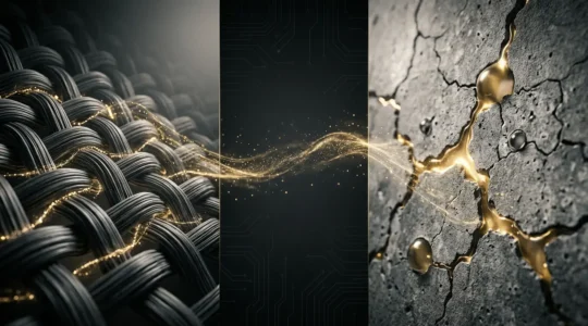 Vue microscopique de nanofibres tissées avec des structures en béton auto-réparant en arrière-plan