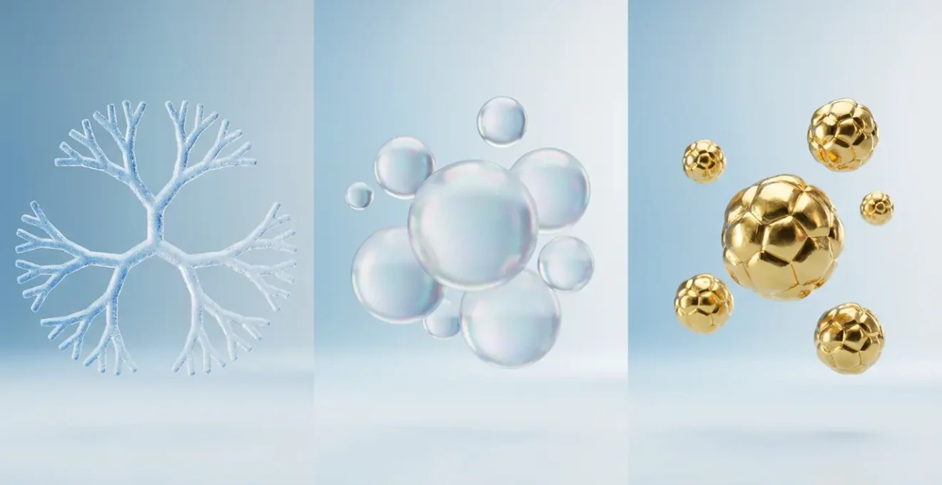 Vue comparative de trois types de nanovecteurs médicaux : dendrimères arborescents, liposomes sphériques et nanoparticules d'or, illustrant leur échelle nanométrique