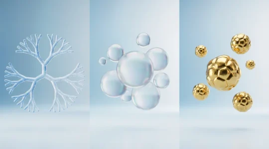 Vue comparative de trois types de nanovecteurs médicaux : dendrimères arborescents, liposomes sphériques et nanoparticules d'or, illustrant leur échelle nanométrique