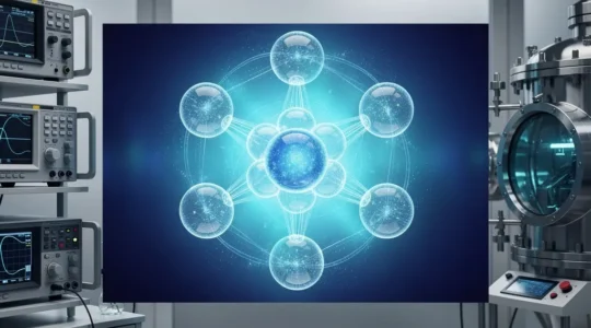 Représentation artistique d'une particule en superposition quantique dans un laboratoire d'ingénierie