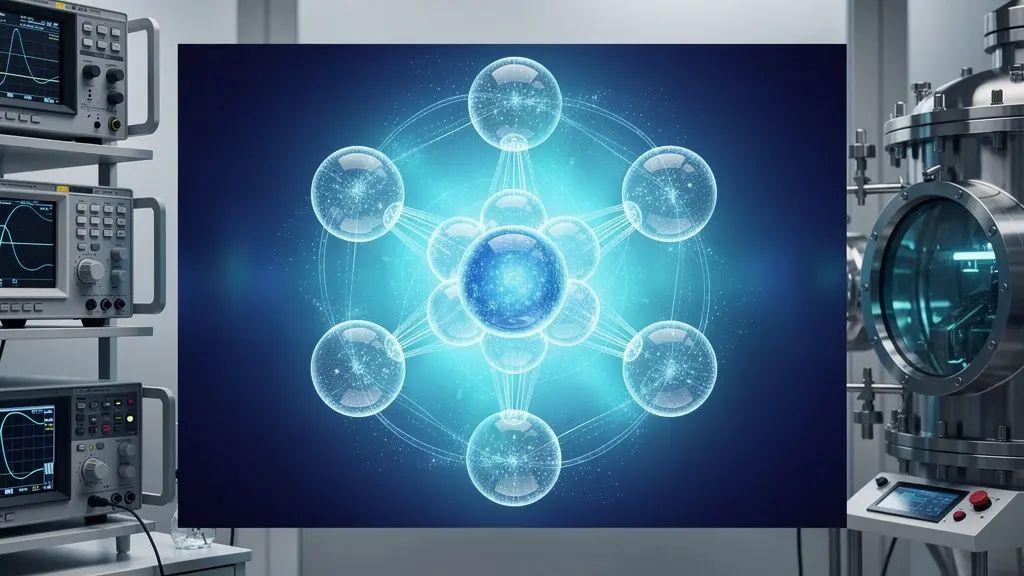 Représentation artistique d'une particule en superposition quantique dans un laboratoire d'ingénierie