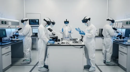 Laboratoire de nanotechnologie avec étudiants manipulant des équipements de pointe dans un environnement de salle blanche