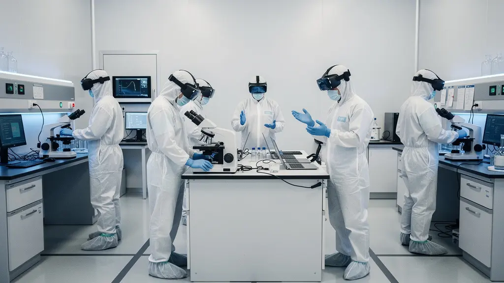 Laboratoire de nanotechnologie avec étudiants manipulant des équipements de pointe dans un environnement de salle blanche