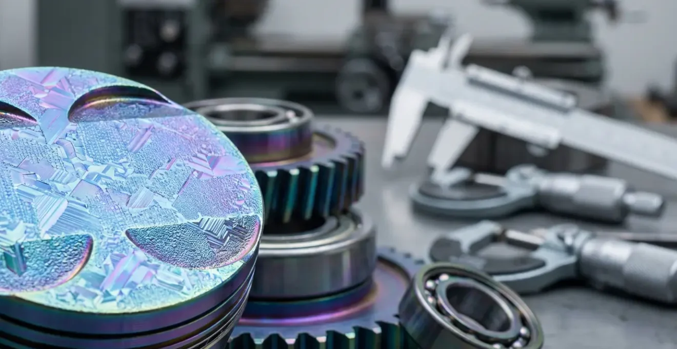 Composants mécaniques industriels avec revêtement nano-structuré visible en détail