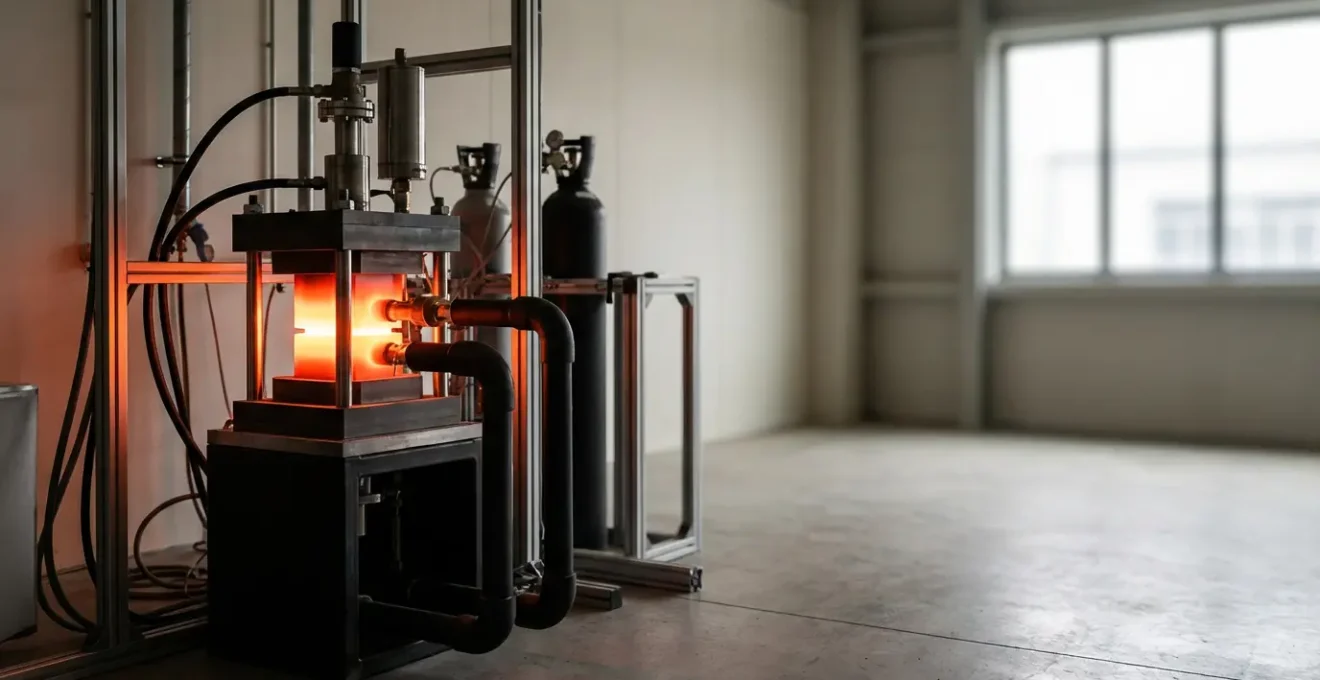 Vue en coupe du procédé de frittage flash montrant le passage du courant à travers la poudre céramique