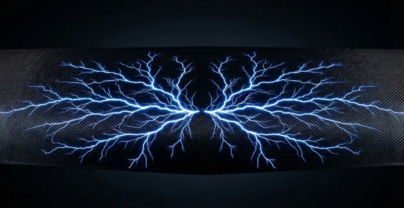 Vue symbolique d'un éclair frappant une surface composite avec effet de dispersion électrique