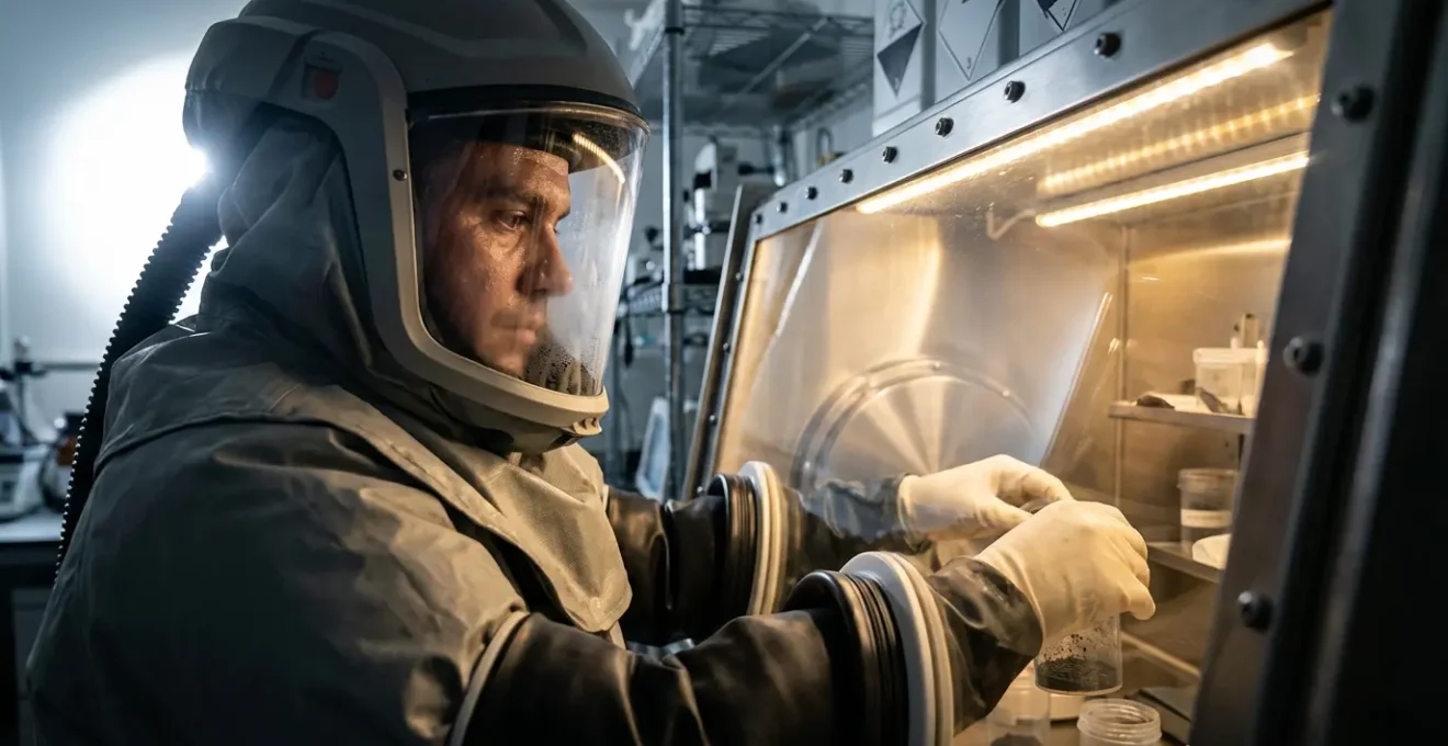 Opérateur en équipement de protection intégrale manipulant des nanomatériaux dans une boîte à gants