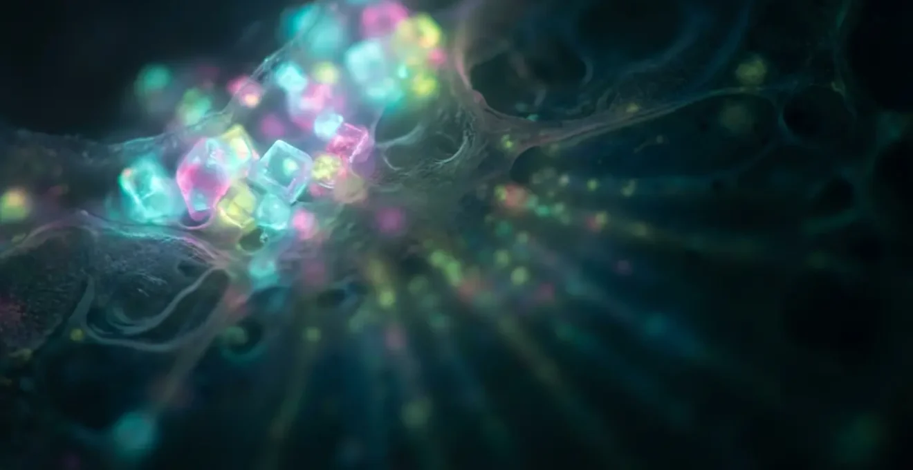 Visualisation microscopique de boîtes quantiques illuminant des structures cellulaires invisibles dans différentes couleurs fluorescentes