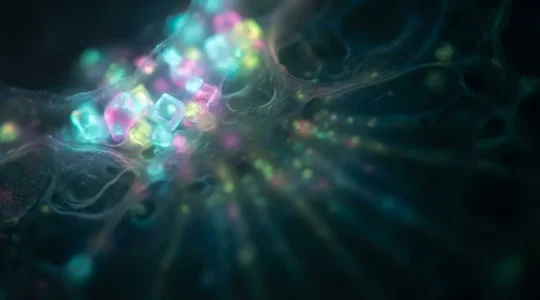 Visualisation microscopique de boîtes quantiques illuminant des structures cellulaires invisibles dans différentes couleurs fluorescentes