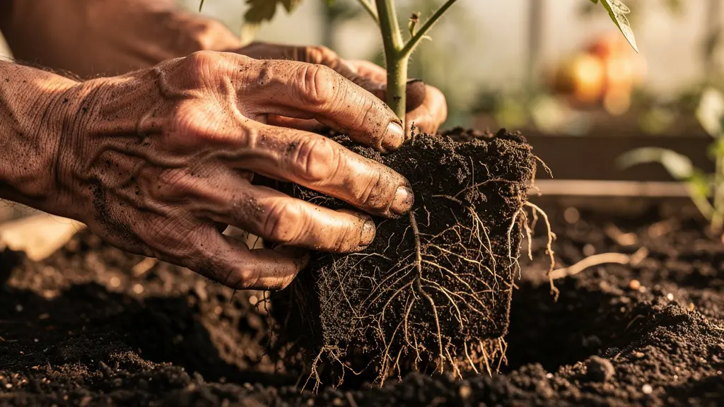 Système racinaire de plant de tomate dans le sol avec zones d'absorption mises en évidence par la lumière