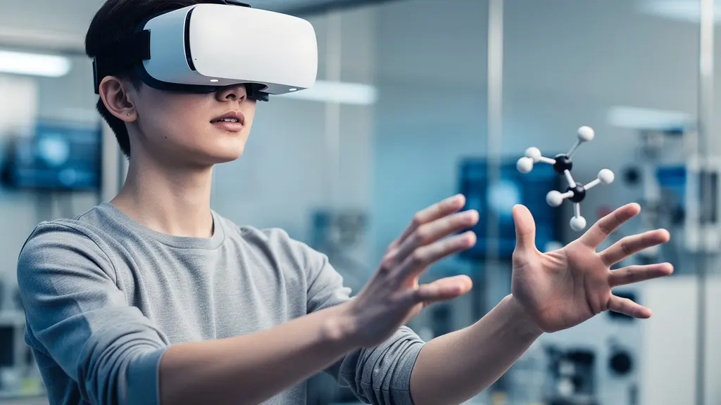 Étudiant avec casque VR manipulant des molécules virtuelles dans un environnement immersif