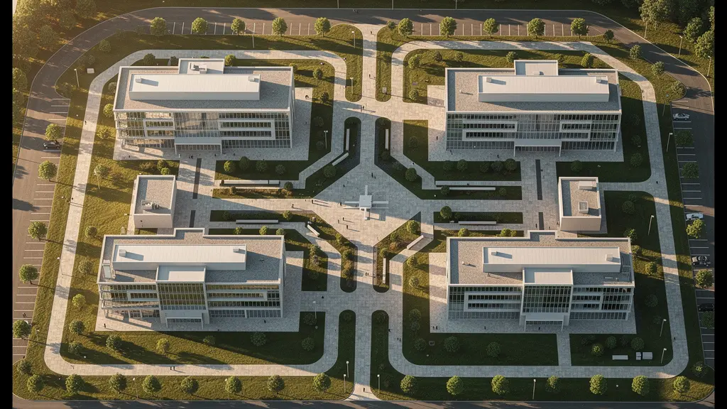 Vue aérienne d'un campus technologique moderne avec bâtiments interconnectés