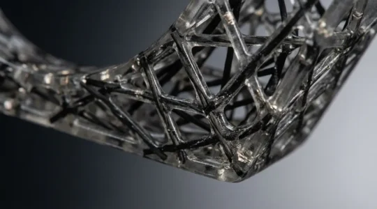 Pièce mécanique allégée en nanocomposite montrant sa structure interne complexe