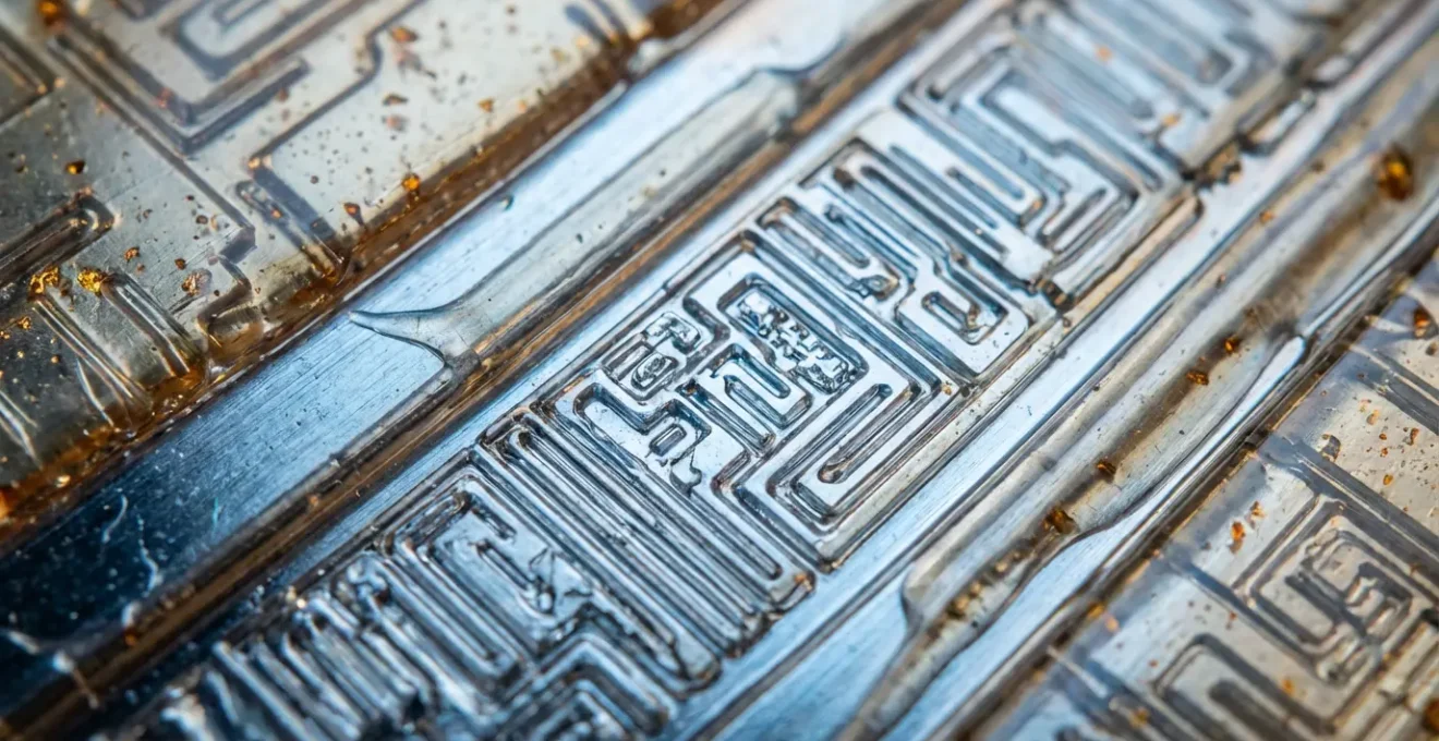 Vue macro d'une surface métallique avec revêtement nano-céramique anticorrosion montrant la structure labyrinthique microscopique