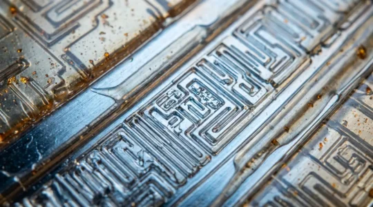 Vue macro d'une surface métallique avec revêtement nano-céramique anticorrosion montrant la structure labyrinthique microscopique