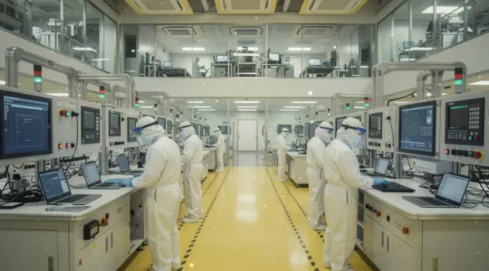 Environnement de salle blanche ultra-propre avec équipements de nanofabrication et opérateurs en combinaisons intégrales