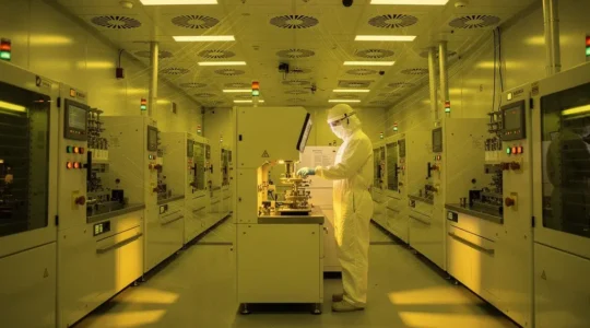 Technicien en combinaison de salle blanche manipulant délicatement un wafer de silicium sous lumière jaune caractéristique