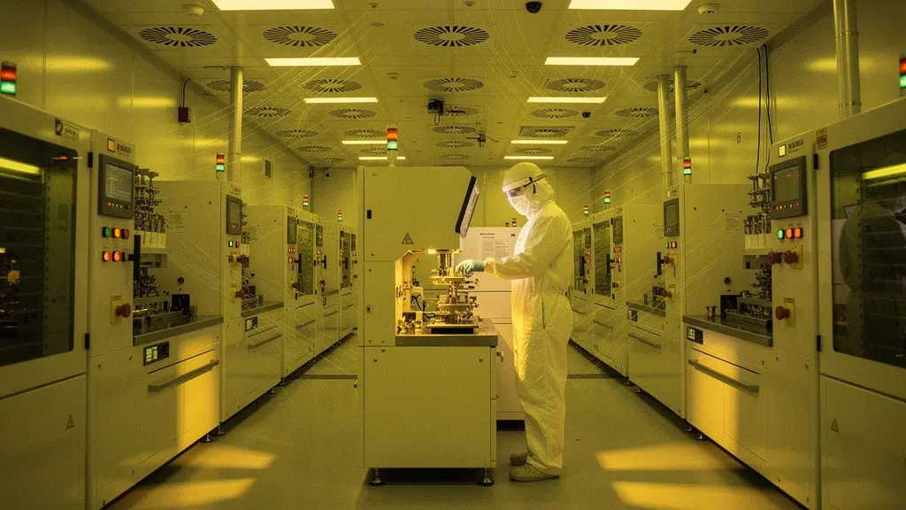 Technicien en combinaison de salle blanche manipulant délicatement un wafer de silicium sous lumière jaune caractéristique