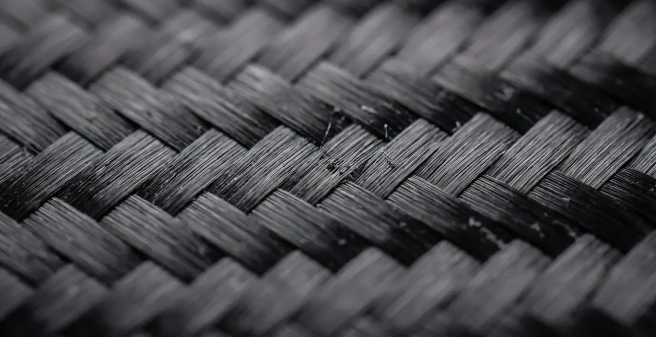 Gros plan macro sur la structure microscopique d'un composite aéronautique montrant les fibres de carbone entrelacées