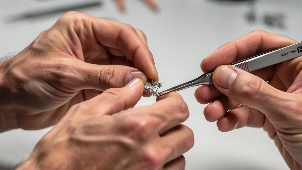 Mains expertes manipulant des composants microscopiques avec outils de précision