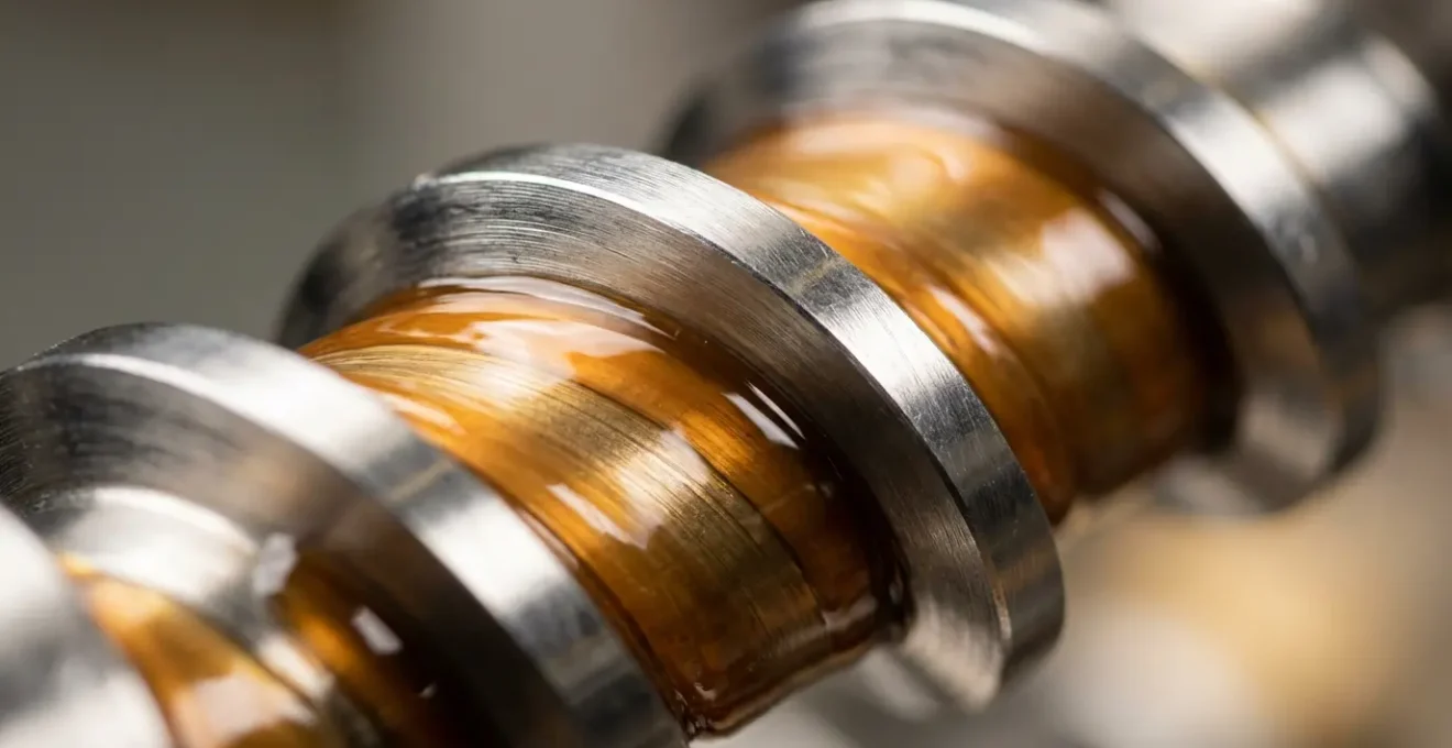 Gros plan macro sur une vis d'extrusion avec éléments de mélange visibles et flux de polymère