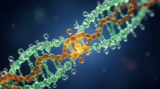 Vue moléculaire d'un médicament marqué par fluorescence interagissant avec des récepteurs cellulaires sous microscope avancé