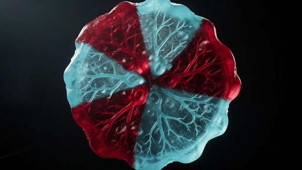 Coupe transversale d'une tumeur montrant les zones hypoxiques en rouge et les zones oxygénées en bleu