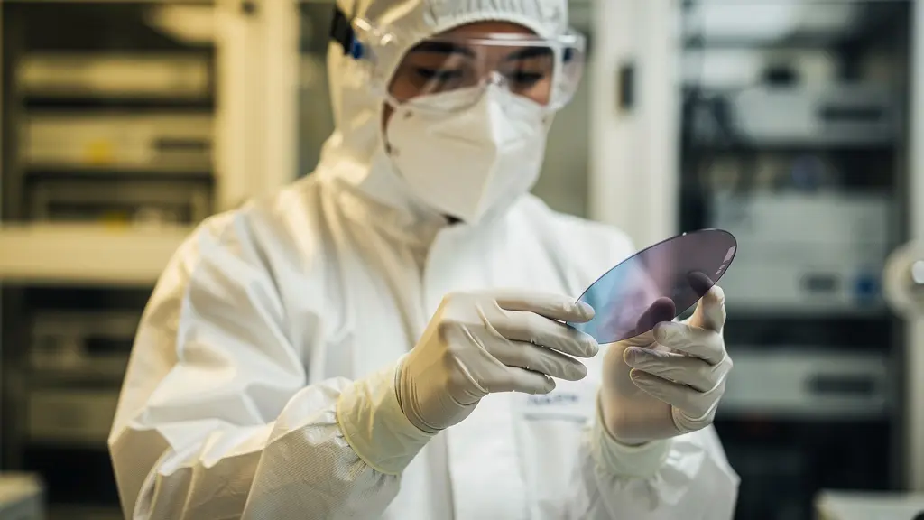 Opérateur en combinaison intégrale manipulant délicatement un wafer de silicium dans environnement salle blanche Opérateur en combinaison intégrale manipulant délicatement un wafer de silicium dans environnement salle blanche